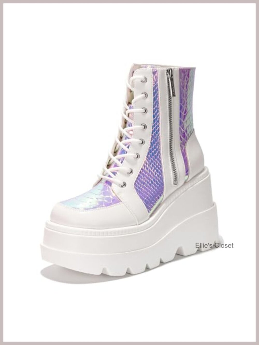 Women's Platform Ankle Boots Chunky Block Heel Holographic Snake PU Leather